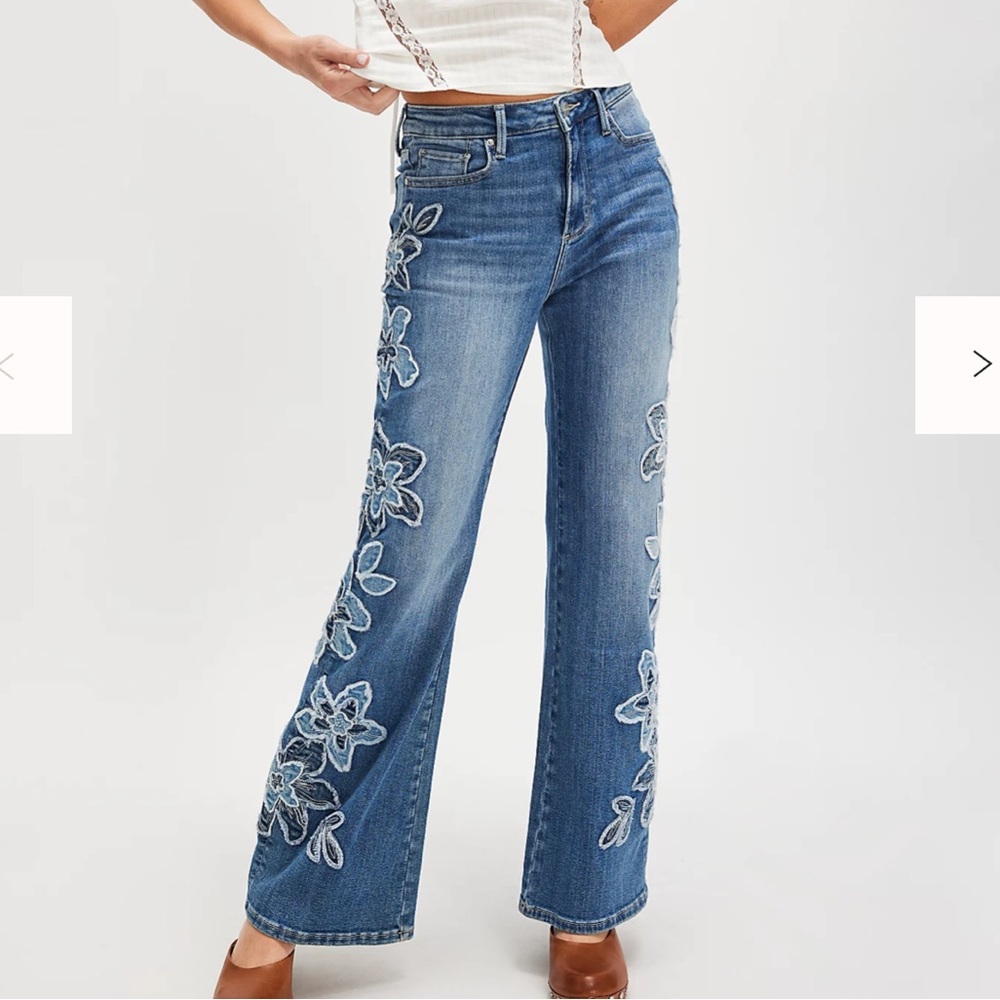 Driftwood Carlie Wide Leg Jeans Floral Embroidered Boho Free People Charlee 10